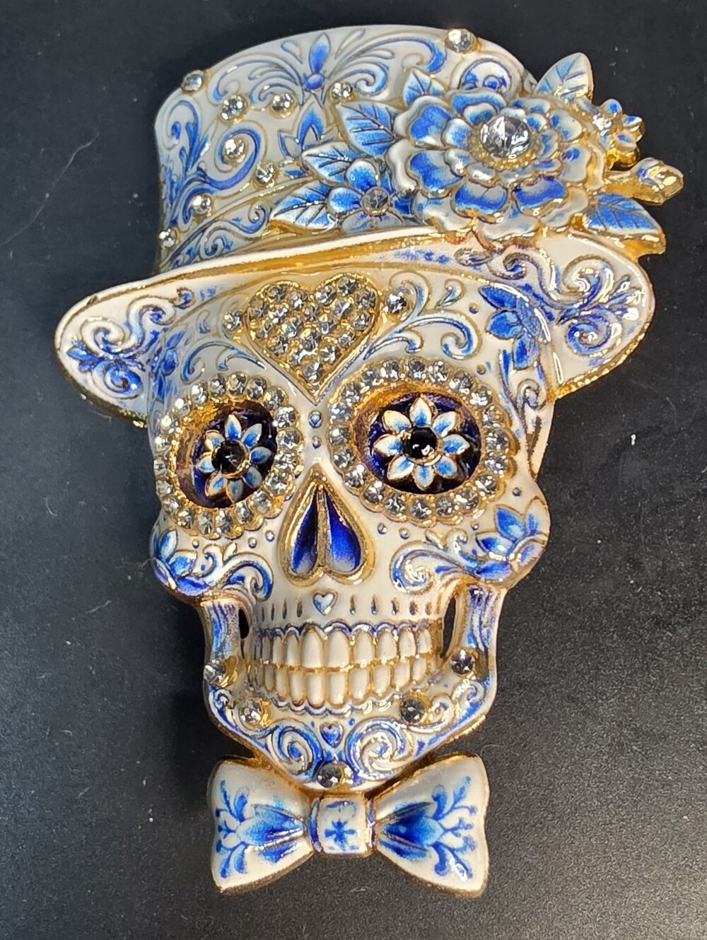 Blue and Gold Floral Sugar Skull Brooch